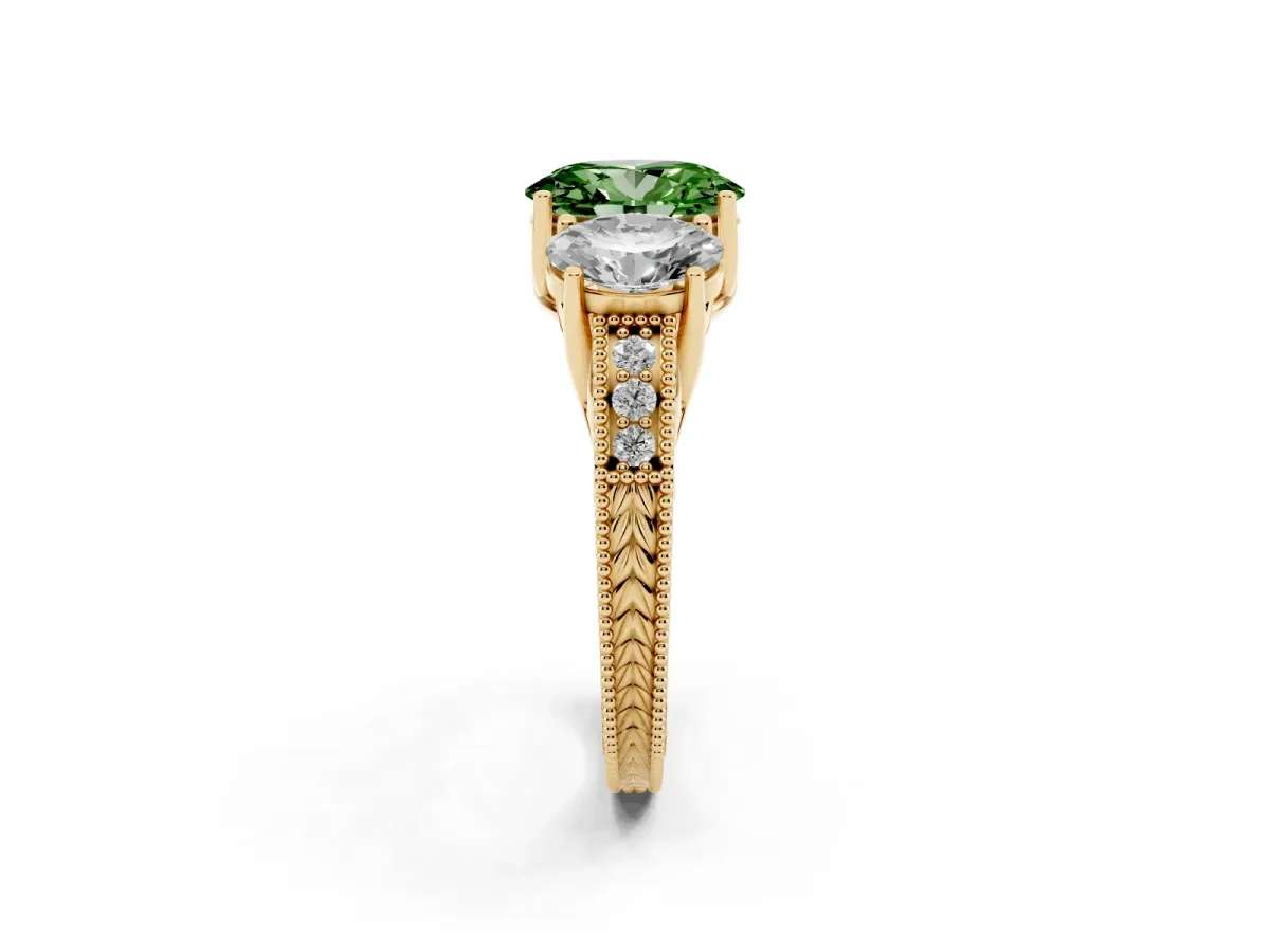 Fancy Green Three-Stone Oval Cut Cut Milgrain Pavé Engagement Ring Yellow gold