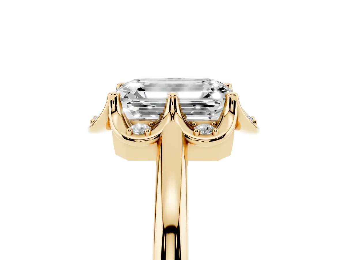 Emerald Cut Halo Diamond Ring with Round Cluster Setting, Solitaire Band, and Four-Prong Setting Yellow gold