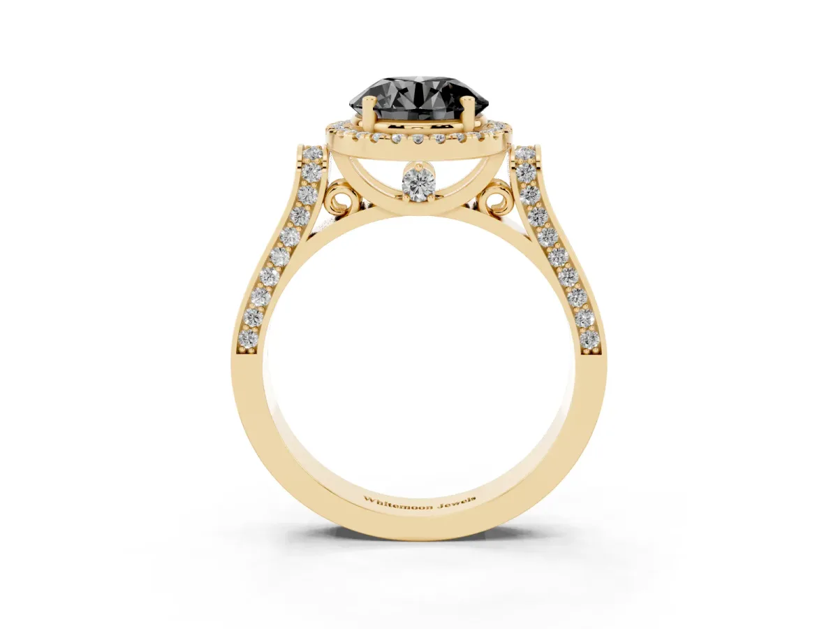 Fancy Black Round Cut Halo Round Diamond Twist Band with Four-Prong Setting Yellow gold