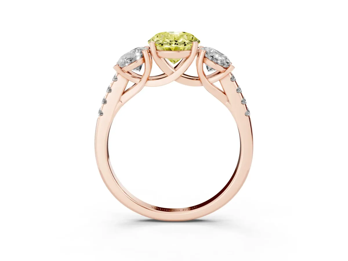 Fancy Yellow Three-Stone Oval Cut Diamond Ring with Round Pavé Band and Prong Setting Rose gold