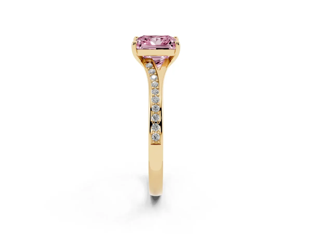 Fancy Pink Princess Cut Diamond Solitaire Ring with Pavé Band and Prong Setting Yellow gold
