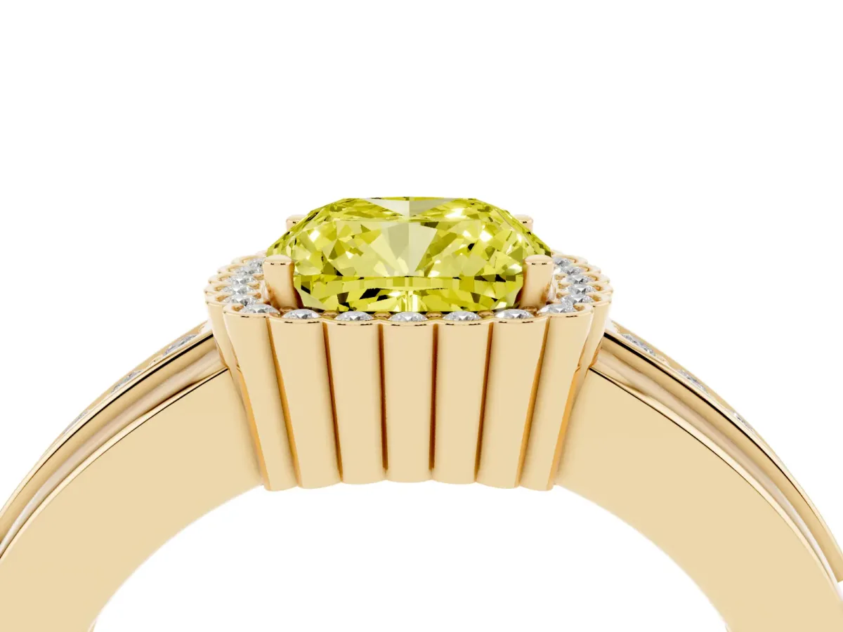Fancy Yellow Cushion Cut Cut Halo Pave Band Four-Prong Ring Yellow gold