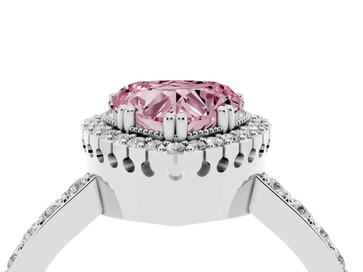 Fancy Pink Heart Cut Cut Diamond Halo Engagement Ring with Milgrain Detail and Pavé Band Silver