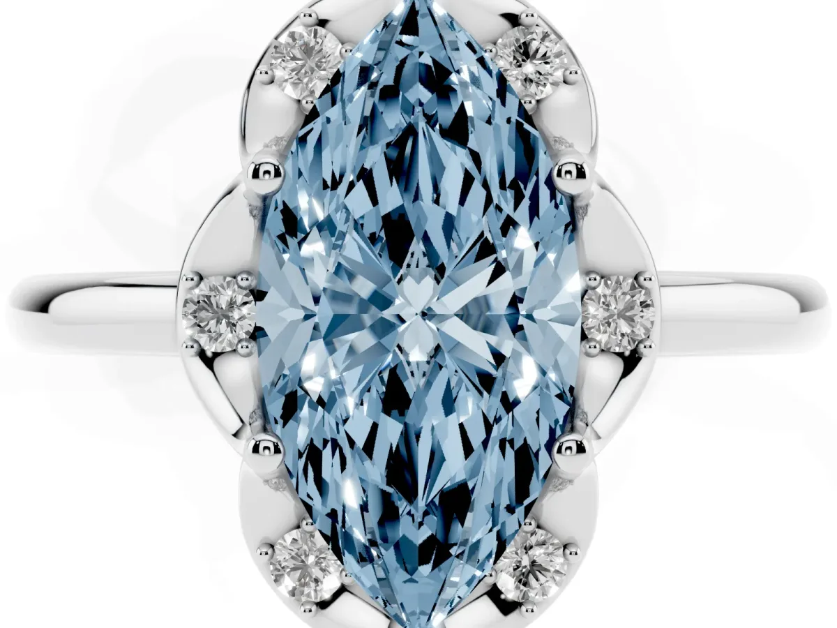 Fancy Blue Marquise Cut Halo Diamond Ring with Round Cluster Setting, Solitaire Band, and Four-Prong Setting Platinum