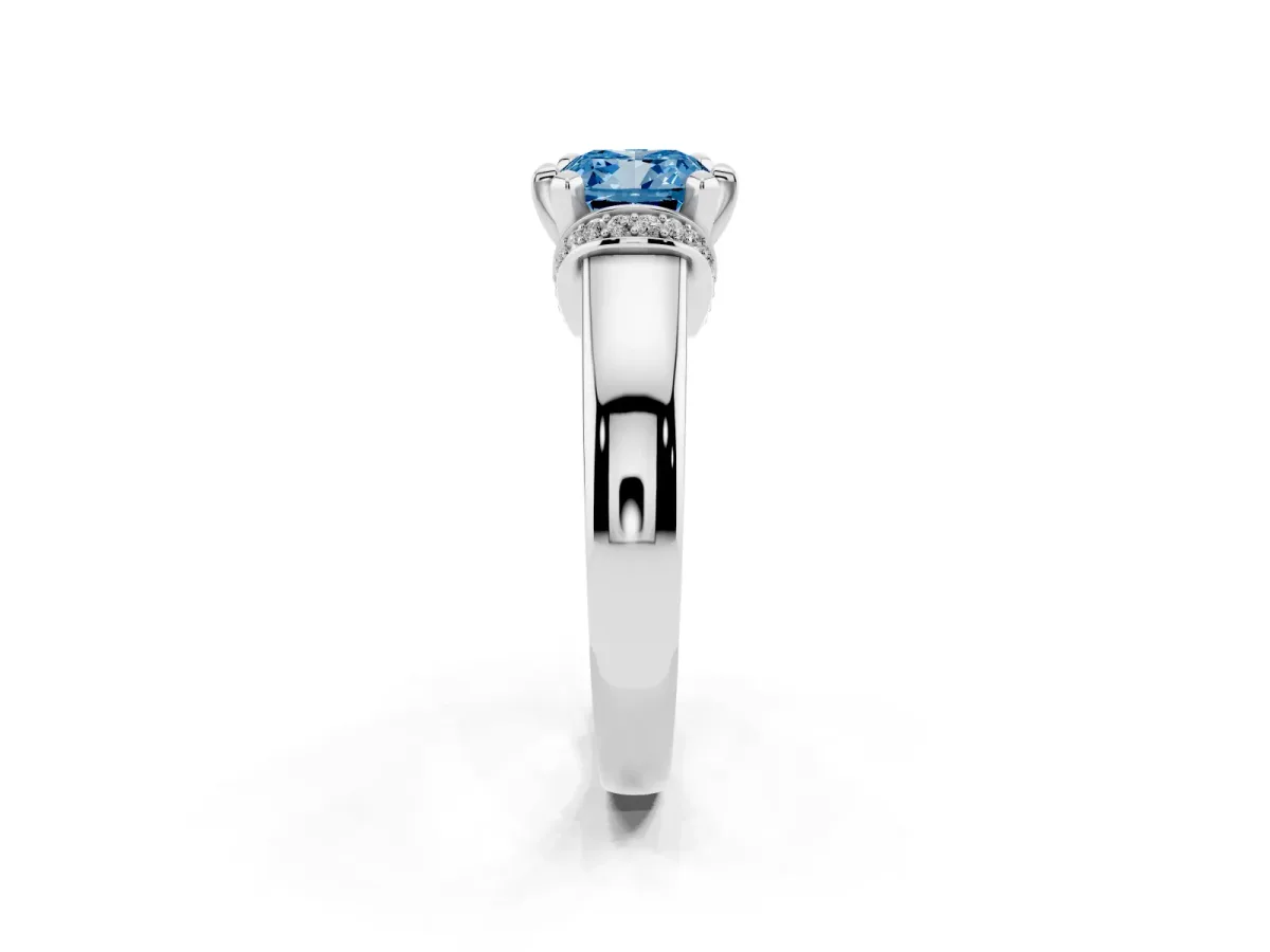 Fancy Blue Cushion Cut Solitaire Diamond Ring with Pave Band and Six-Prong Setting Silver