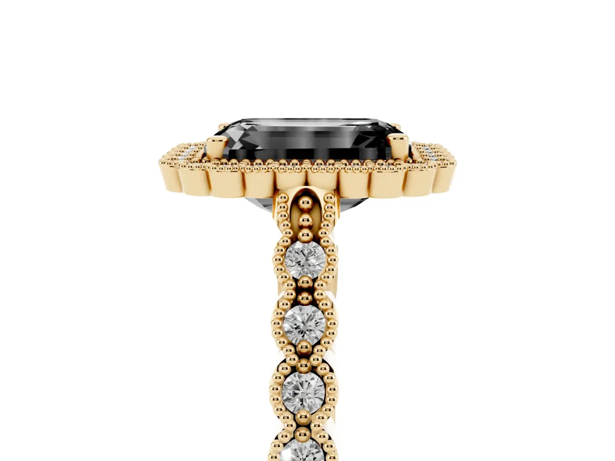 Fancy Black Emerald Cut Cut Halo Pavé Solitaire Ring with Milgrain Band Yellow gold