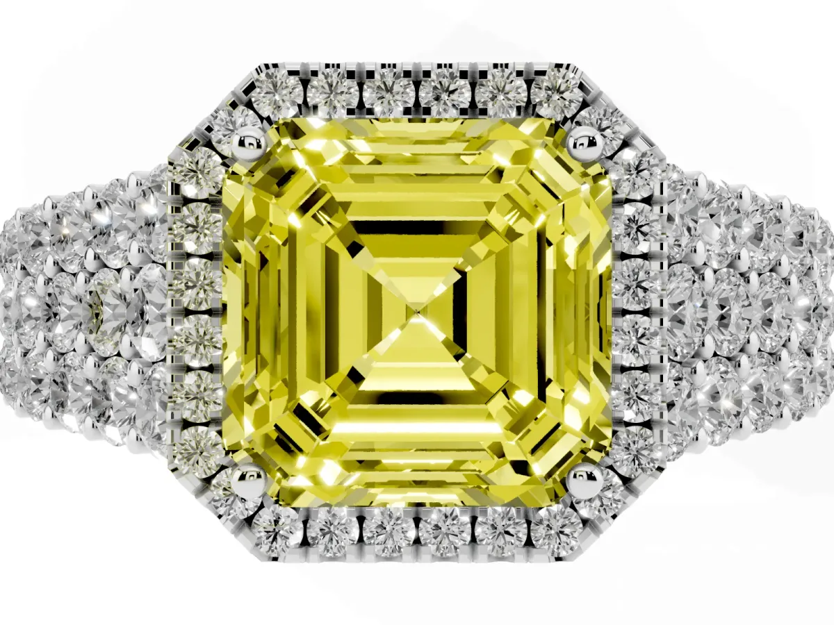Fancy Yellow Asscher Cut Diamond Halo Engagement Ring with Triple Row Round Pavé Band and Prong Setting White gold