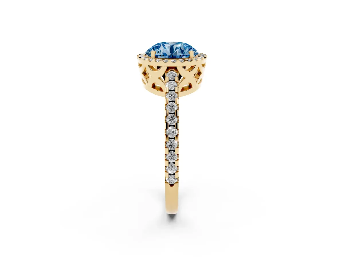 Fancy Blue Round Cut Diamond Halo Engagement Ring with Pavé Band and Prong Setting Yellow gold