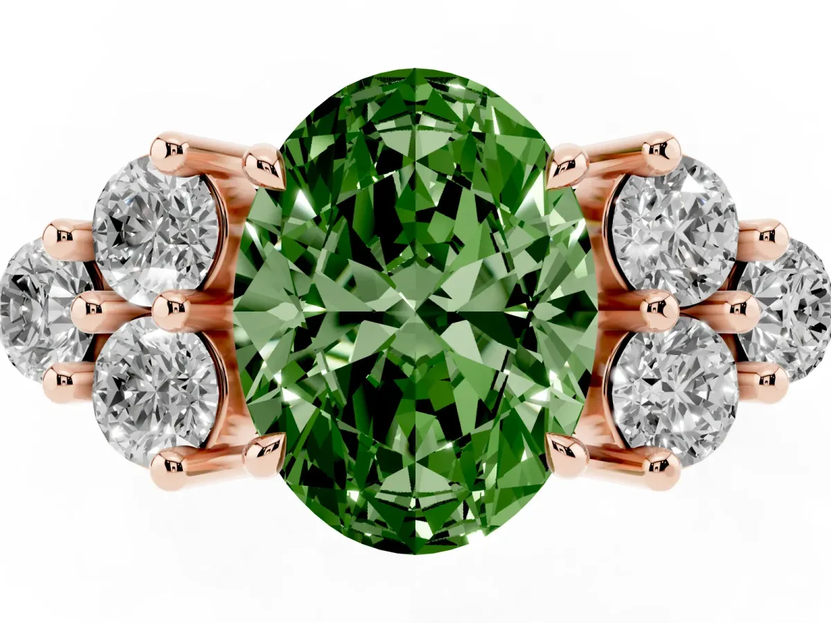 Fancy Green Oval Cut Brilliant Diamond Cluster Accent Solitaire Ring with Prong Setting Rose gold