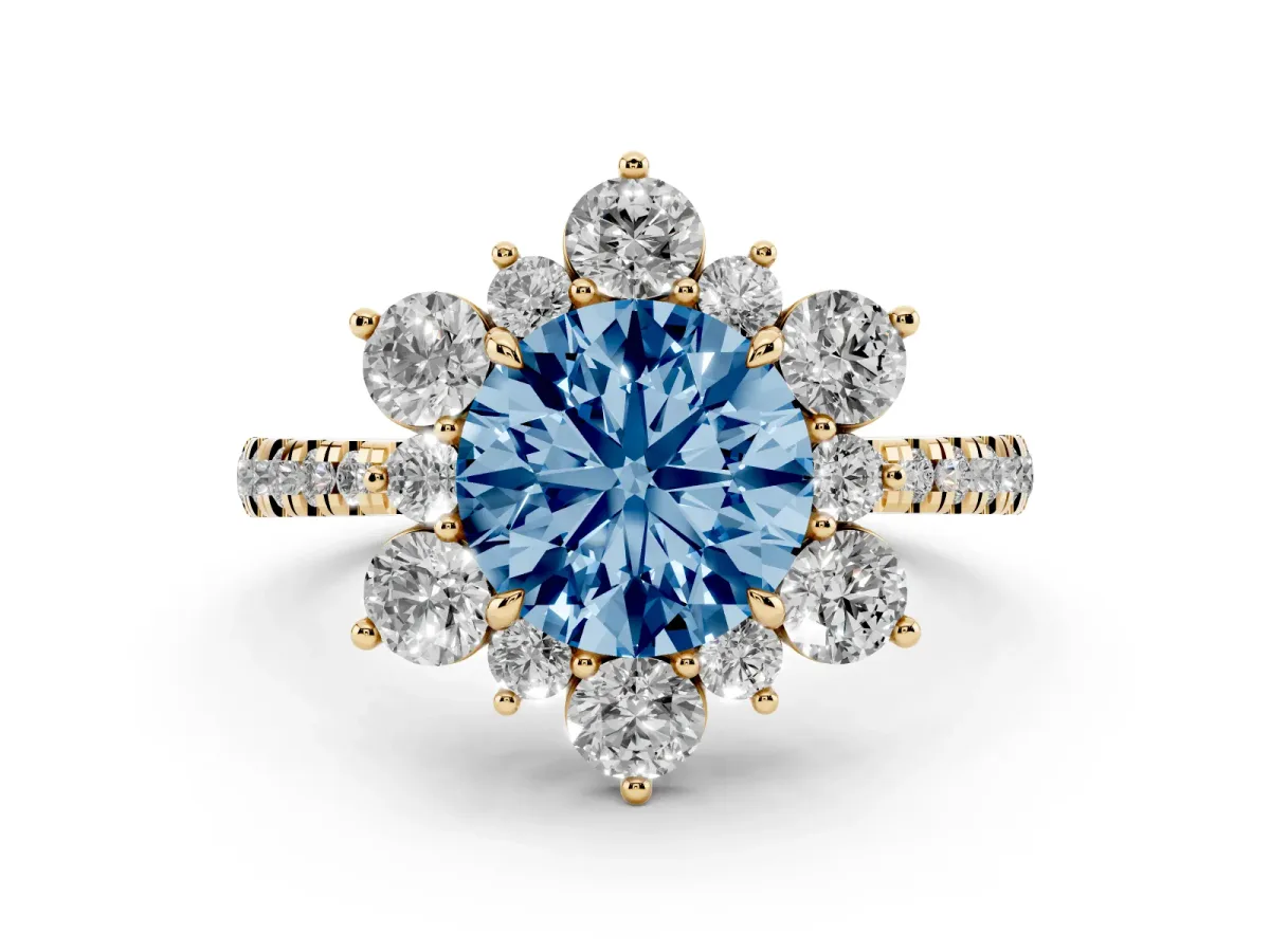 Fancy Blue Round Cut Diamond Floral Halo Ring with Round Pavé Band and Prong Setting Yellow gold