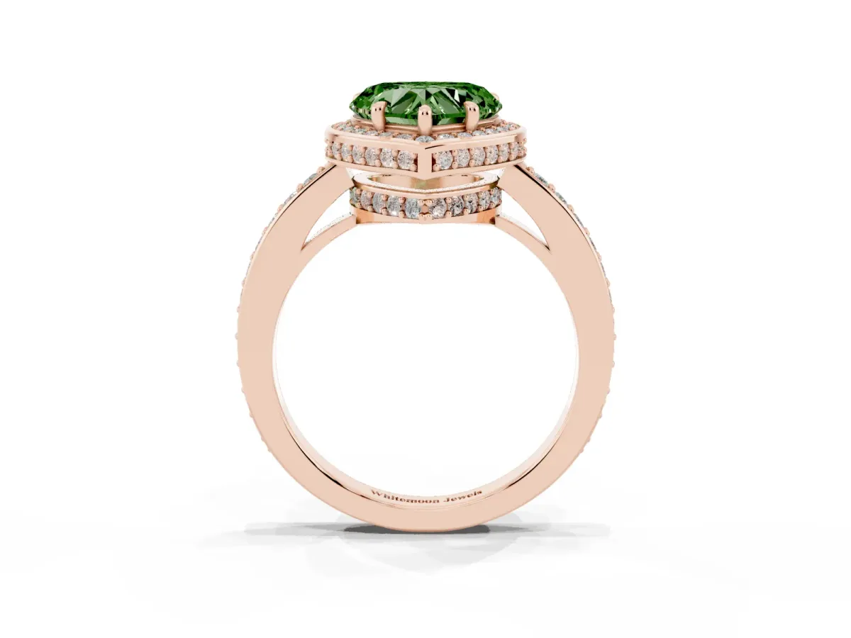 Fancy Green Heart Cut Halo Pave Band Solitaire Ring with Prong Setting Rose gold