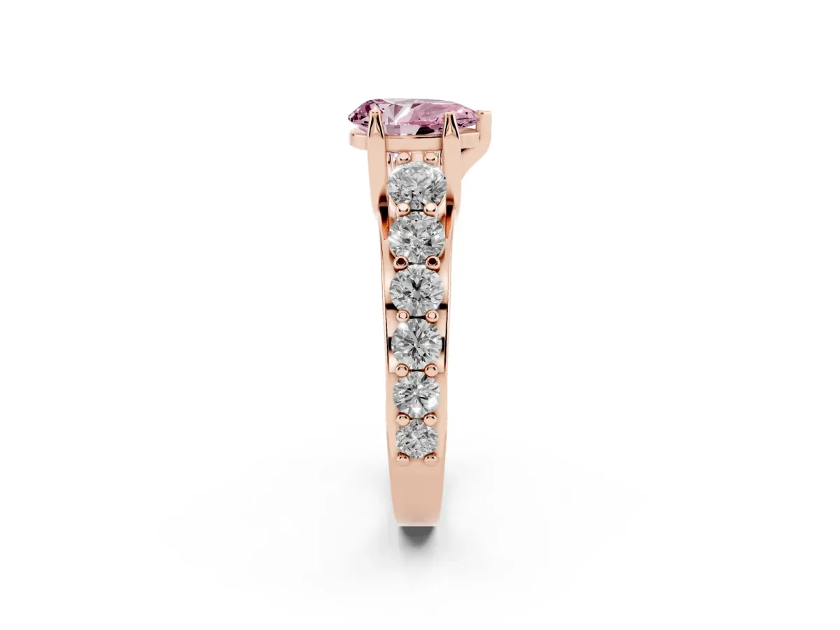 Fancy Pink Pear Cut Diamond Engagement Ring with Pavé Band and Four-Prong Setting Rose gold