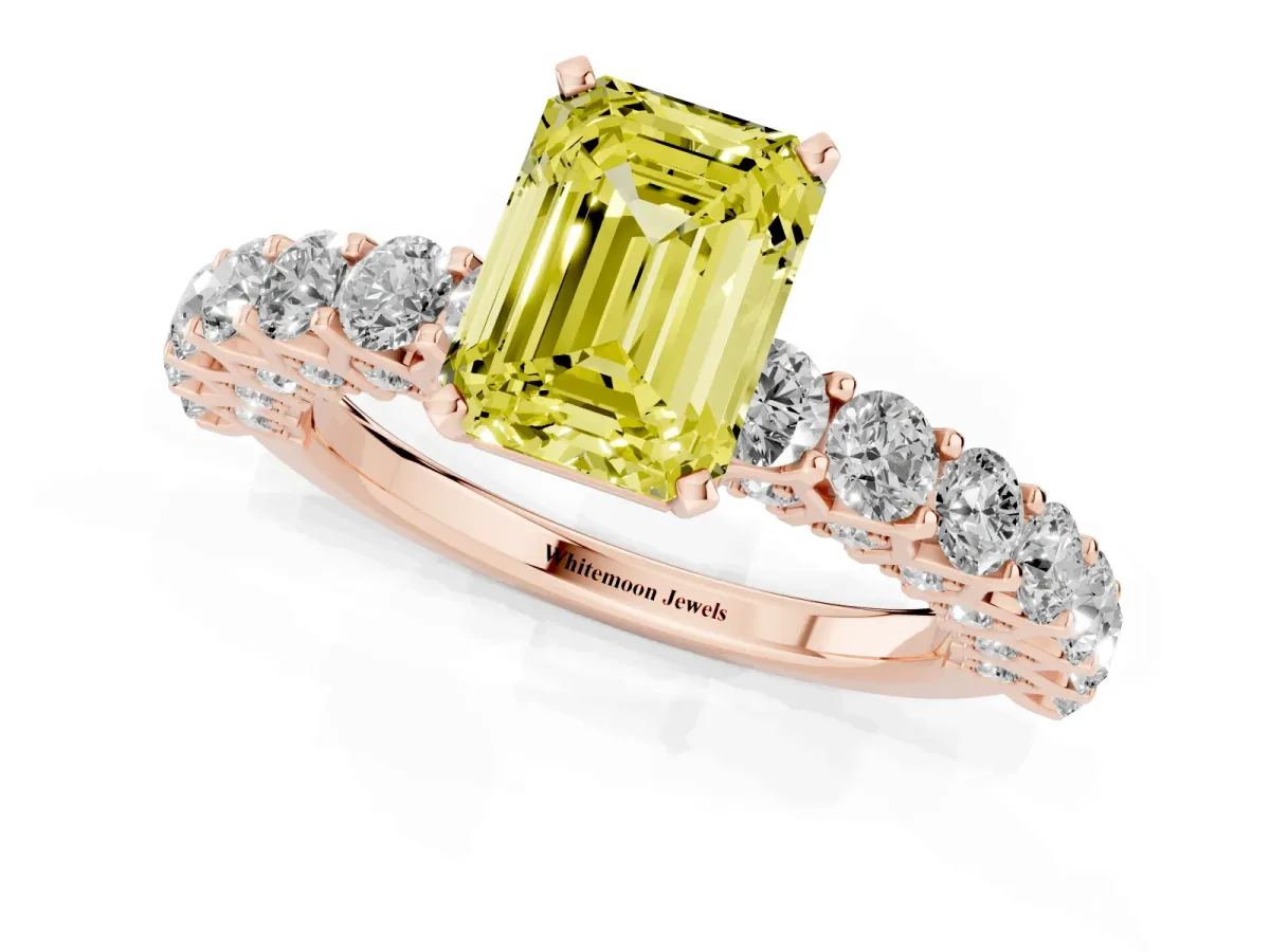 Fancy Yellow Emerald Cut Diamond Solitaire Ring with Shared Prong Pavé Band and Four-Prong Setting Rose gold