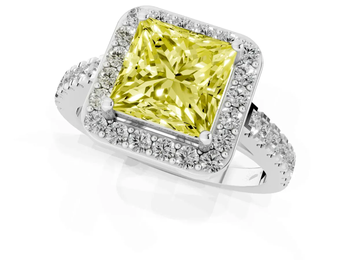 Fancy Yellow Princess Cut Diamond Halo Ring with Round Pavé Split Shank and Prong Setting Silver