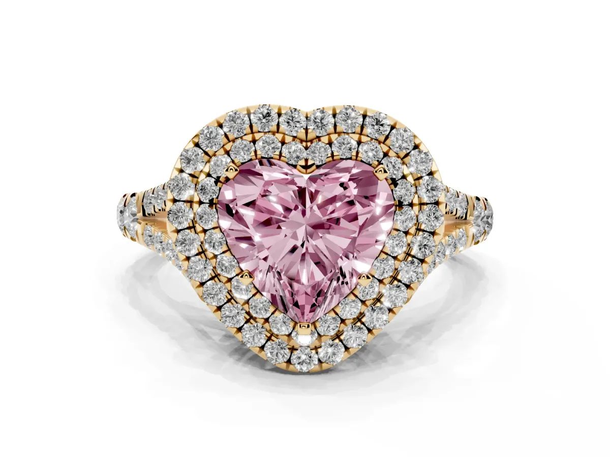 Fancy Pink Double Halo Heart Cut Diamond Split Shank Engagement Ring with Four-Prong Setting Yellow gold