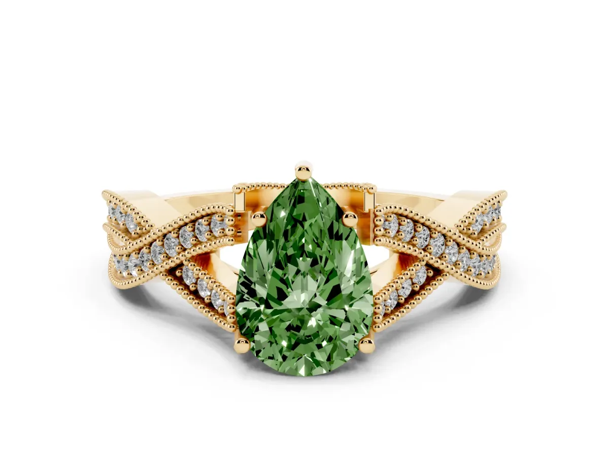 Fancy Green Pear Cut Cut Diamond Twisted Band with Milgrain Pave Setting and Four-Prong Setting Yellow gold