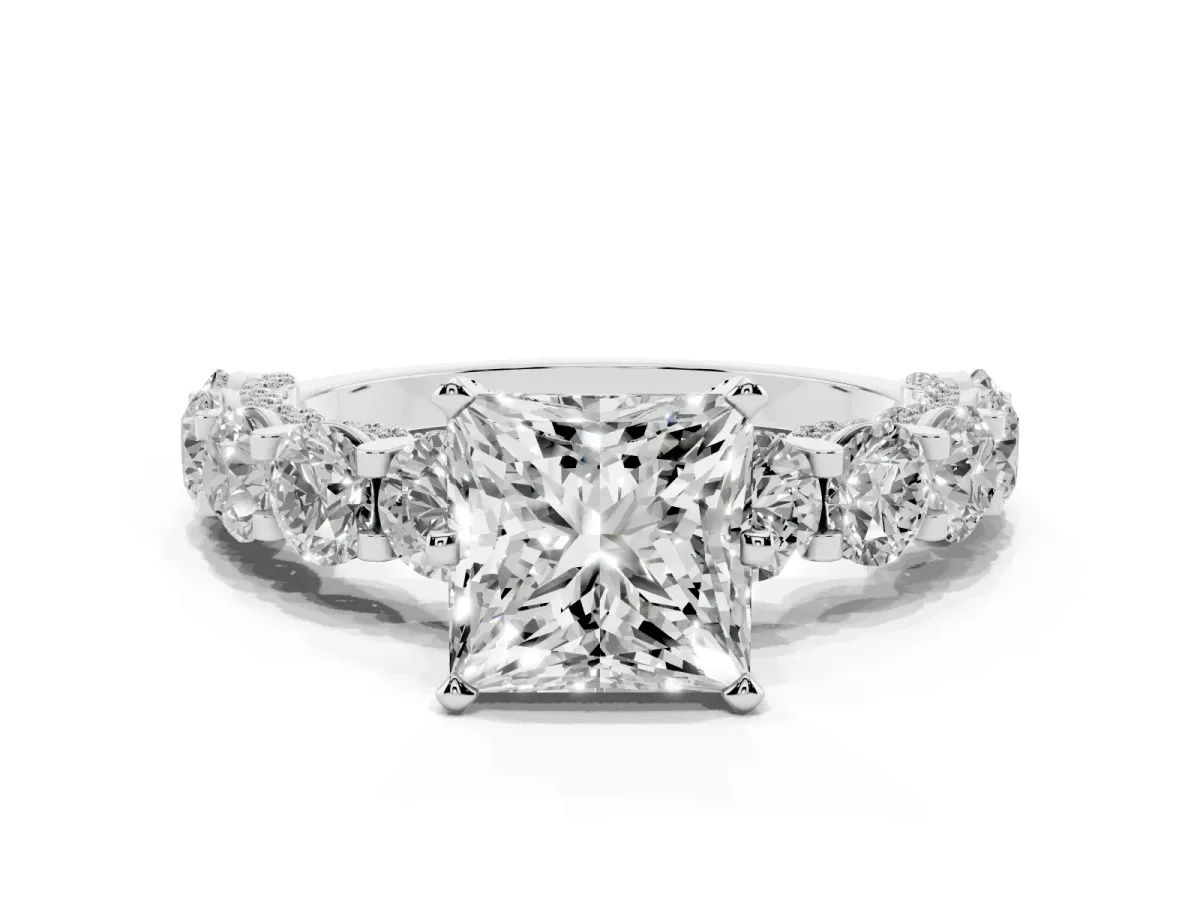 Princess Cut Diamond Side Stone Engagement Ring with Four-Prong Setting Silver