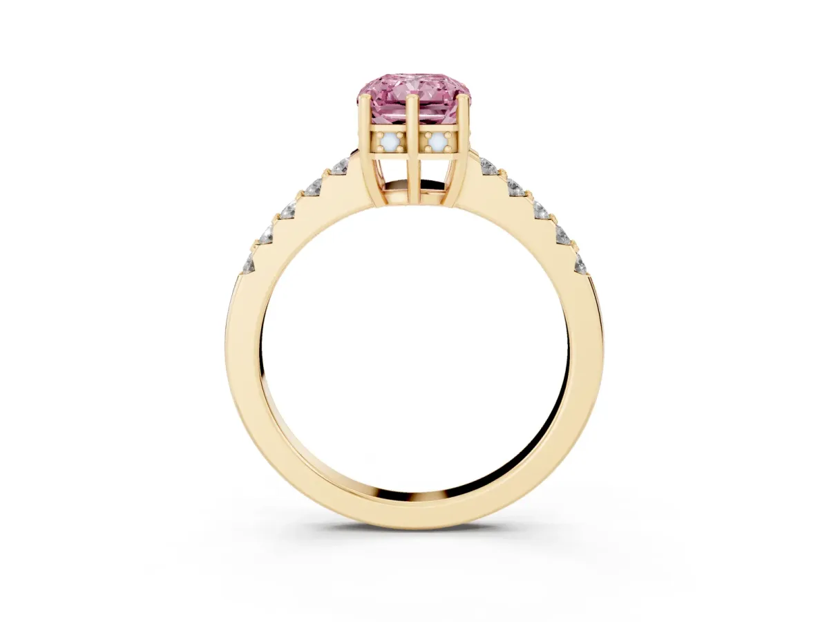 Fancy Pink Radiant Cut Solitaire Diamond Engagement Ring with Pavé Band and Six-Prong Setting Yellow gold
