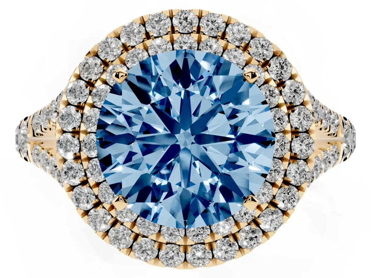 Fancy Blue Round Cut Diamond Pavé Split Shank Double Halo Engagement Ring Yellow gold