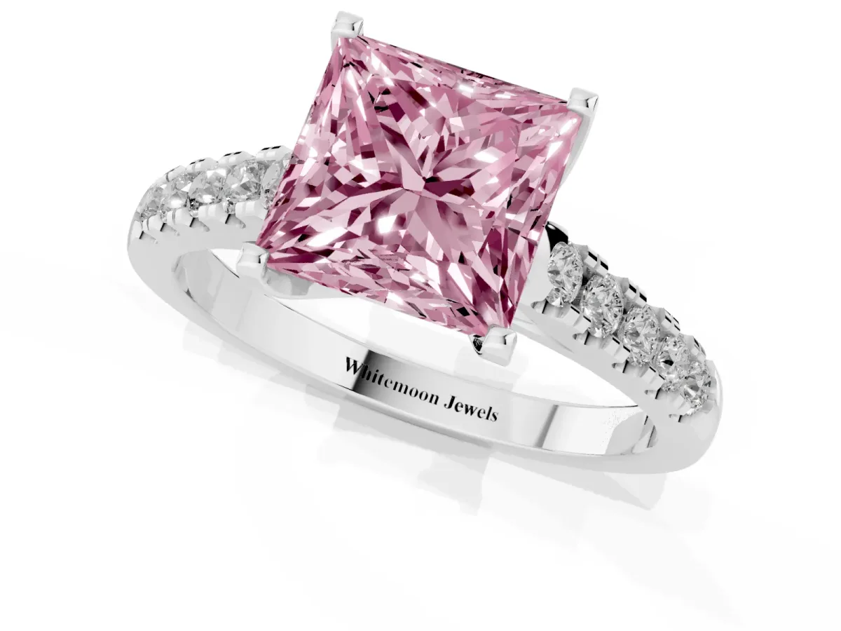 Fancy Pink Princess Cut Diamond Pavé Band Solitaire Ring with Prong Setting Platinum
