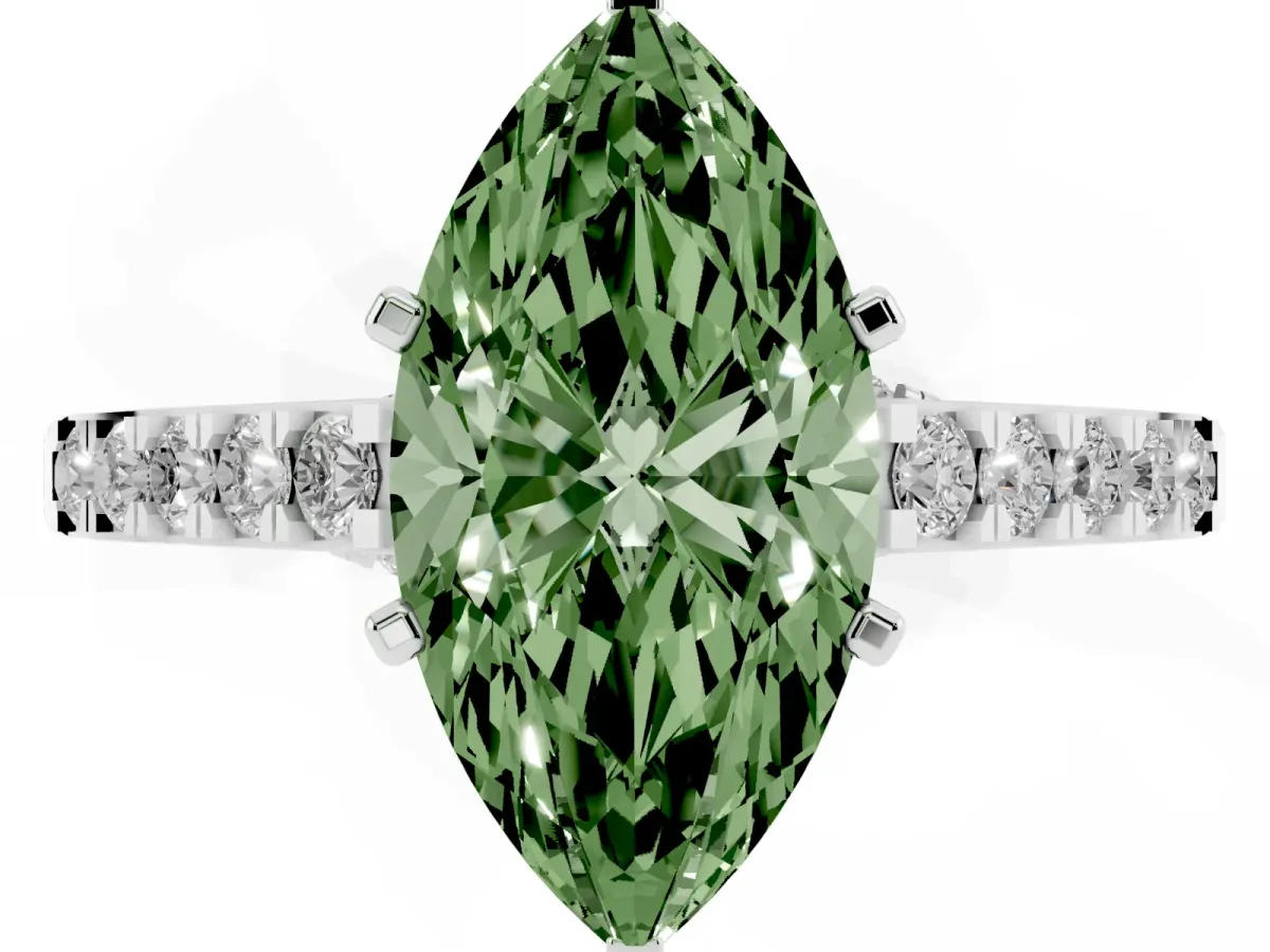 Fancy Green Marquise Cut Diamond Solitaire Ring with Crossover Gallery and Round Pavé Band White gold