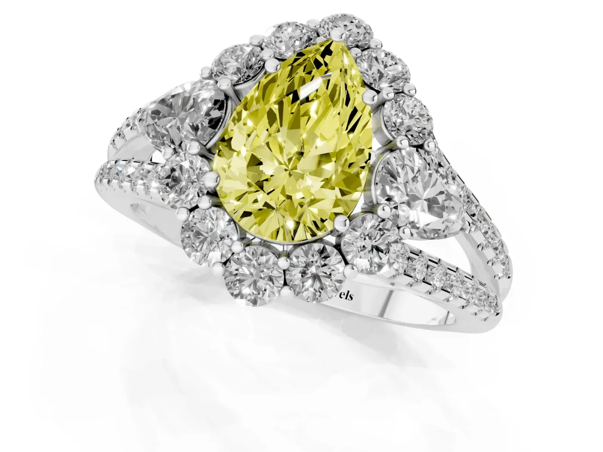 Fancy Yellow Pear Cut Halo Split Shank Diamond Engagement Ring with Prong Setting Platinum