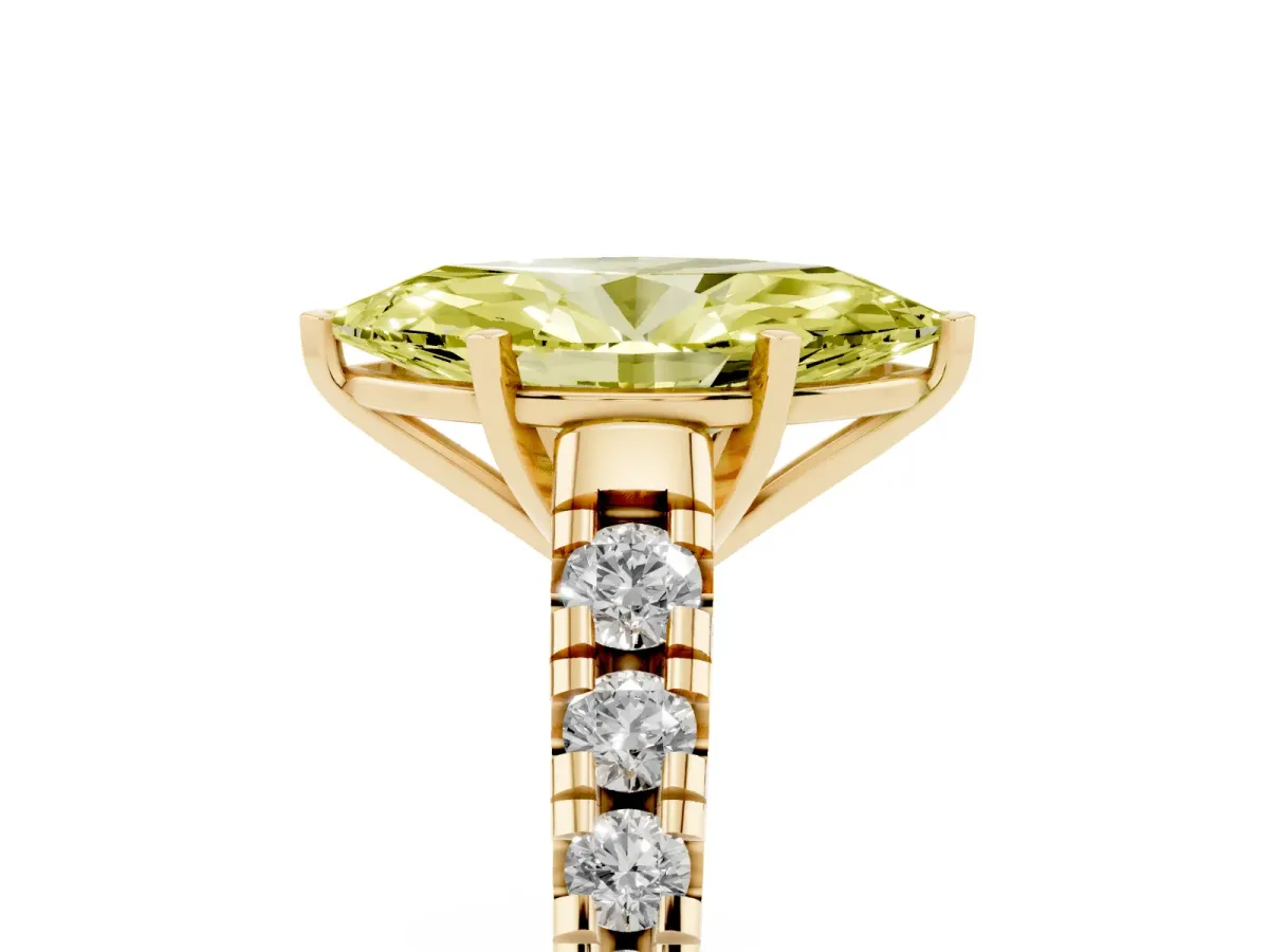 Fancy Yellow Marquise Cut Diamond Cathedral Solitaire Ring with Round Pavé Band Yellow gold