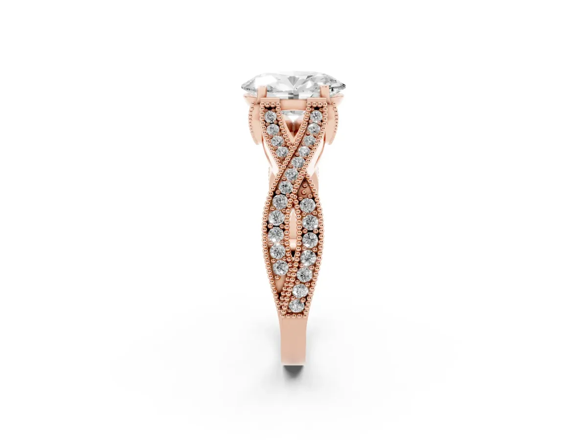 Oval Cut Cut Diamond Twisted Band with Milgrain Pave Setting and Four-Prong Setting Rose gold
