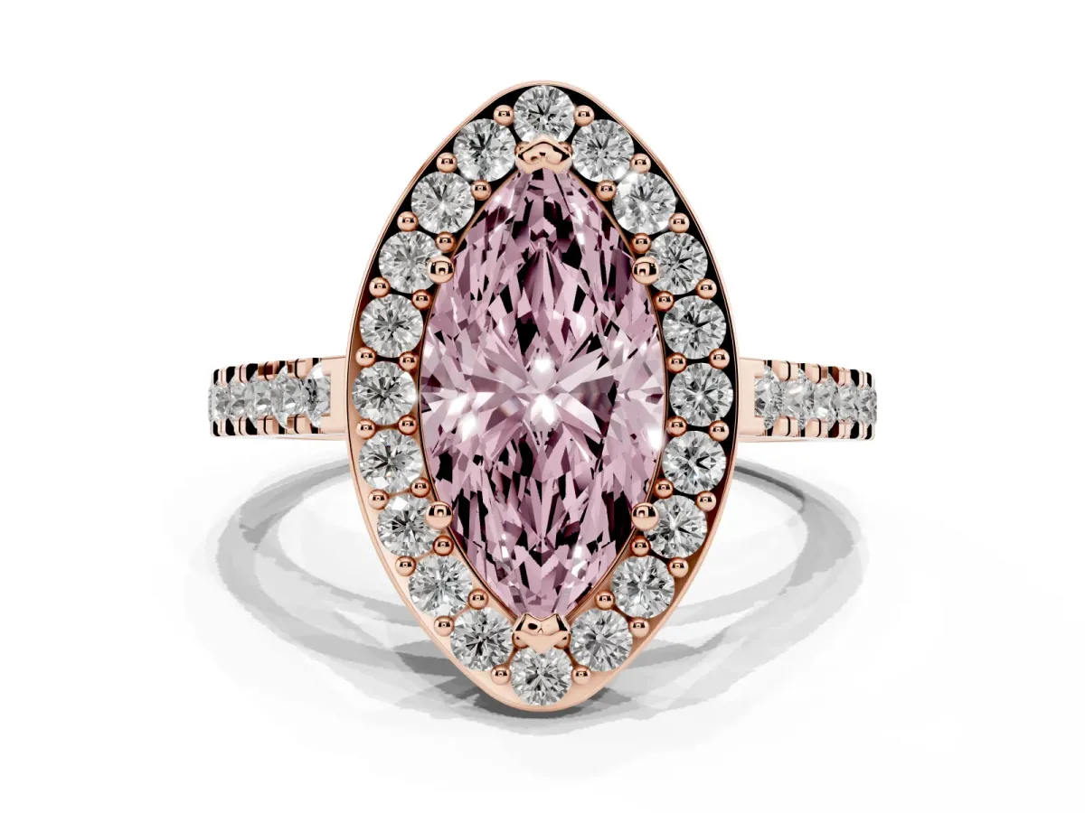 Fancy Pink Marquise Cut Diamond Halo Ring with Round Pavé Split Shank and Prong Setting Rose gold