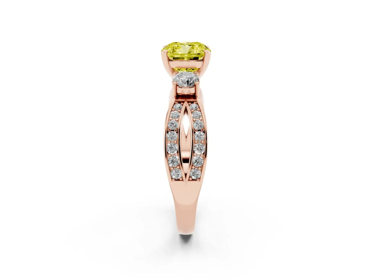 Fancy Yellow Three-Stone Cushion Cut Cut Diamond Twist Band with Prong Setting Rose gold