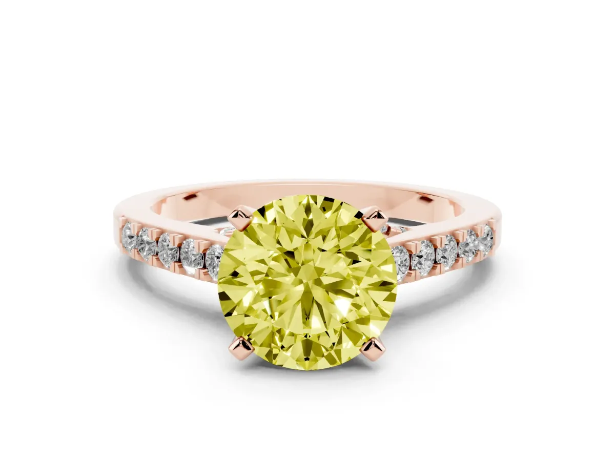 Fancy Yellow Round Cut Diamond Solitaire Ring with Crossover Gallery and Round Pavé Band Rose gold
