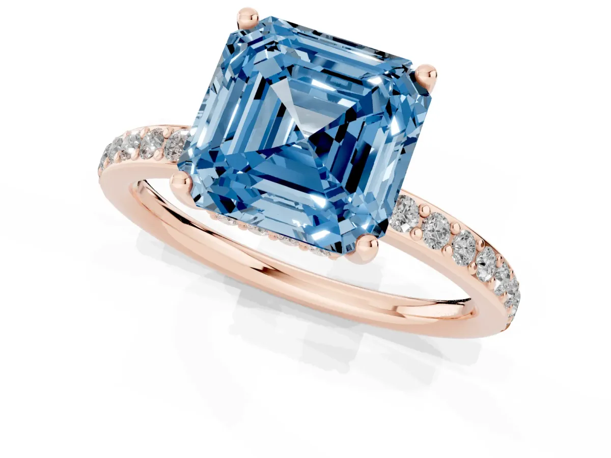 Fancy Blue Asscher Cut Cut Diamond Pavé Band Ring with Four-Prong Setting Rose gold