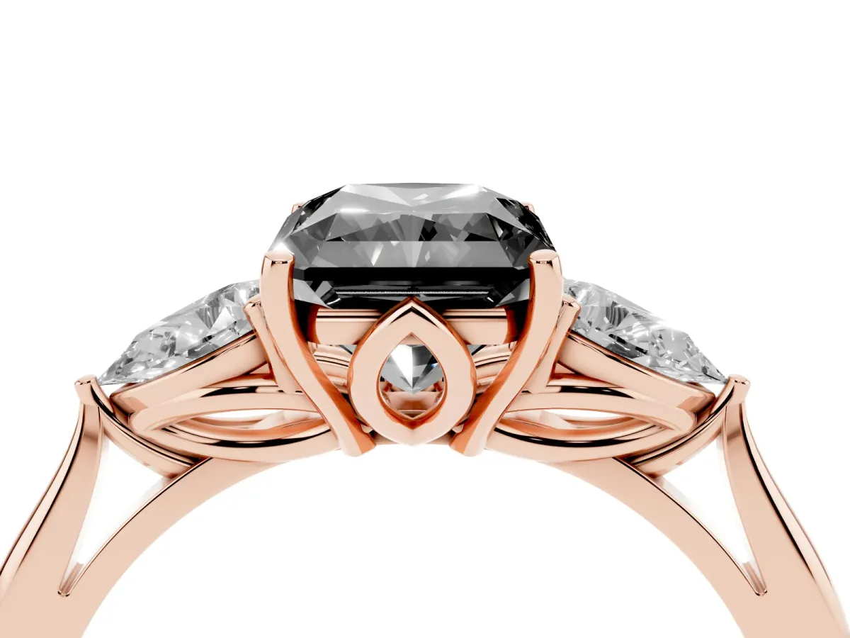Fancy Black Radiant Cut Diamond Three-Stone Ring with Pear Side Stones and Prong Setting Rose gold