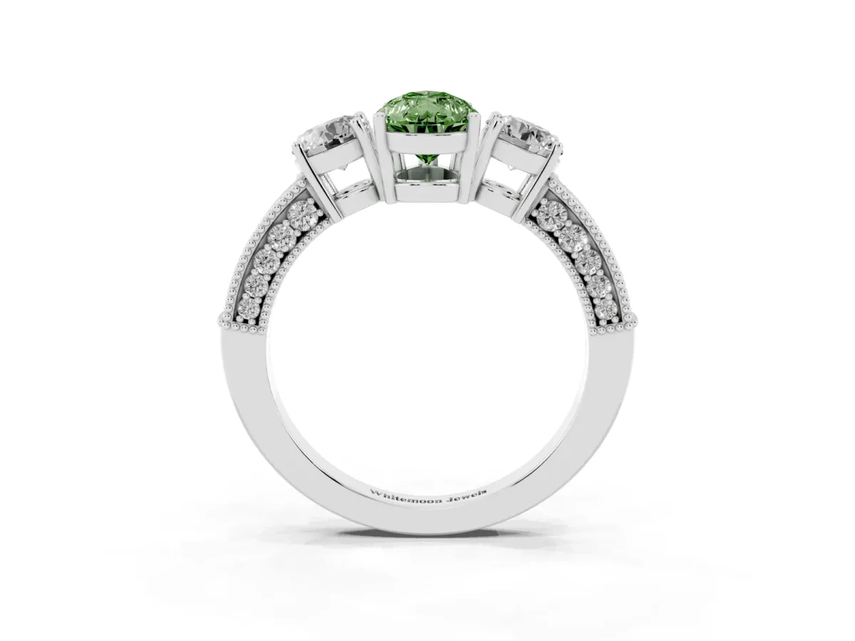 Fancy Green Pear Cut Three-Stone Diamond Ring with Pavé Band and Four-Prong Setting Silver