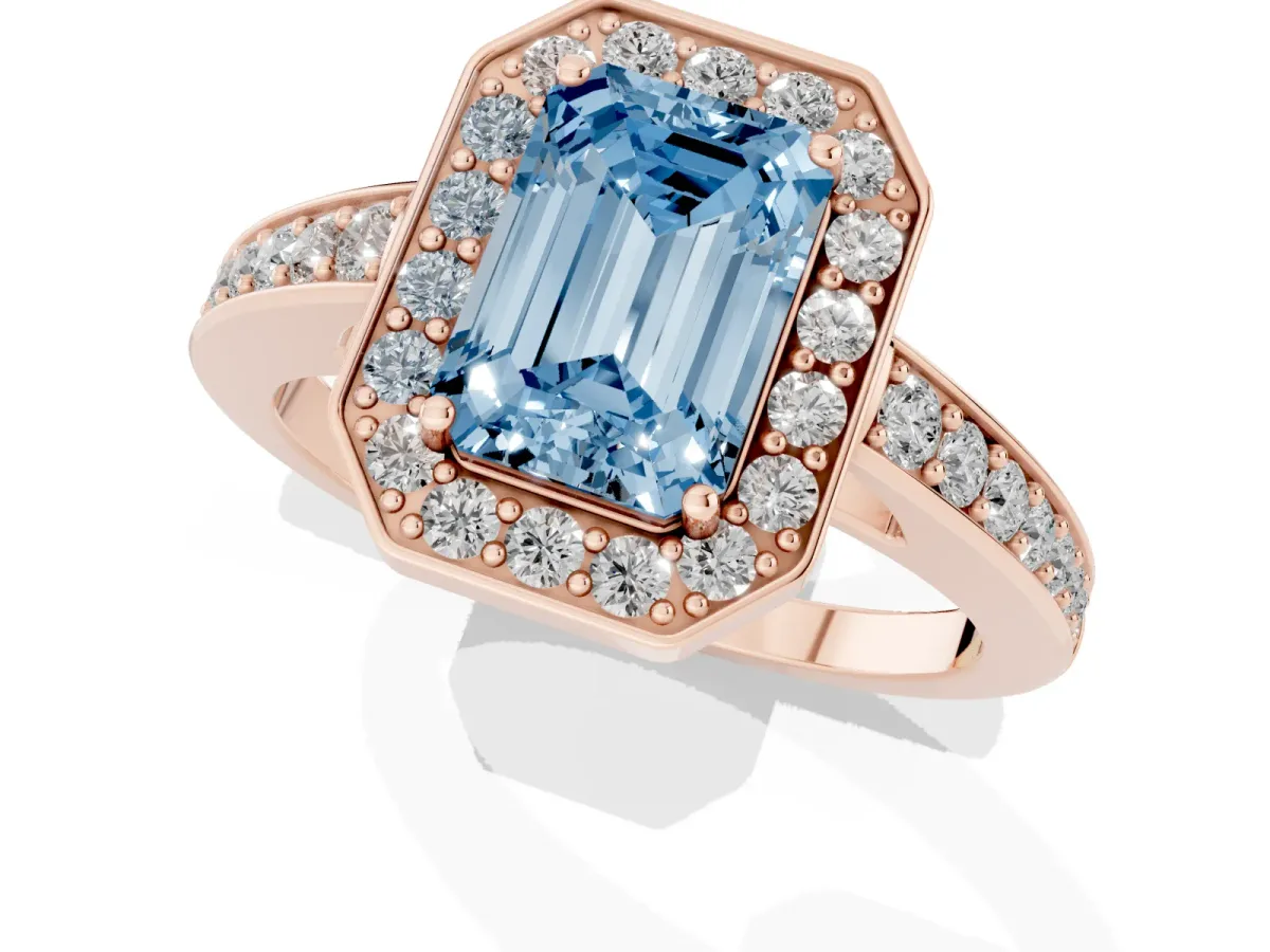 Fancy Blue Emerald Cut Halo Pavé Diamond Engagement Ring with Bezel Setting Rose gold