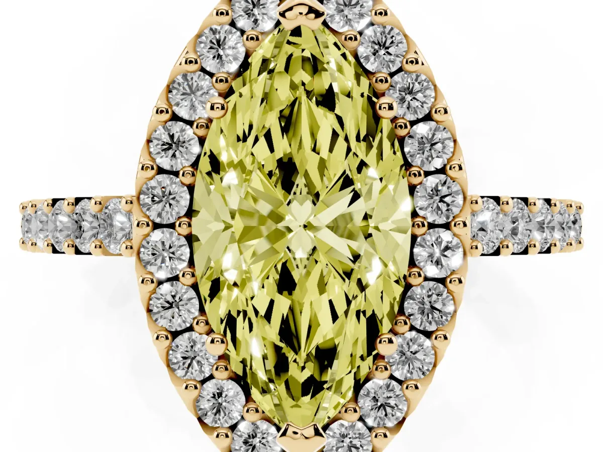 Fancy Yellow Marquise Cut Halo Diamond Pavé Solitaire Ring Yellow gold