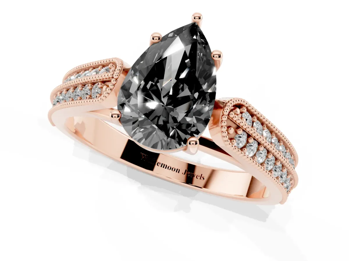 Fancy Black Pear Cut Cut Pave Split Shank Engagement Ring with Four-Prong Setting Rose gold