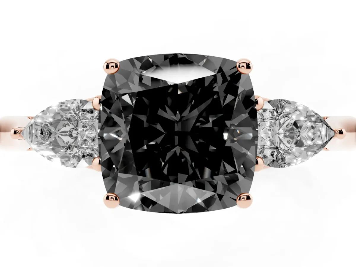 Fancy Black Cushion Cut Diamond Three-Stone Ring with Pear Side Stones and Prong Setting Rose gold
