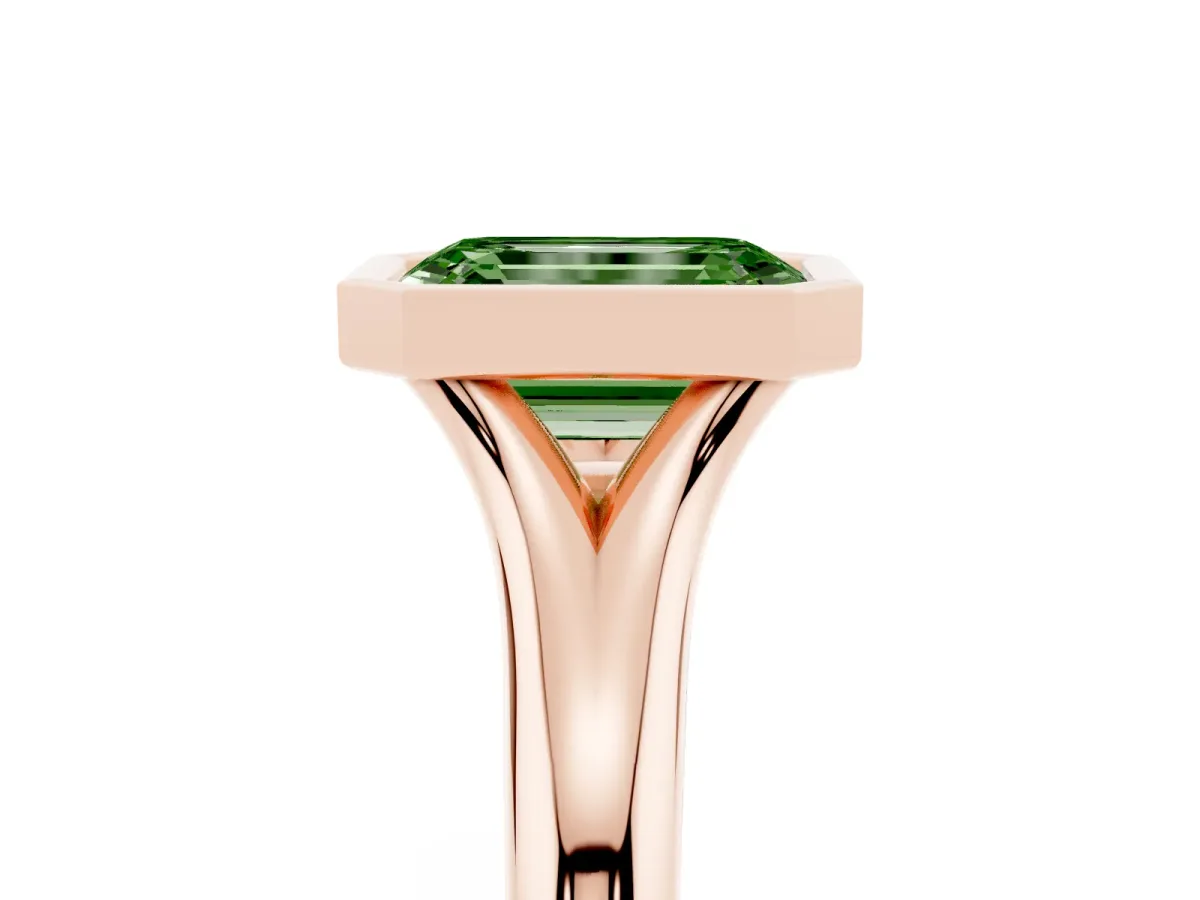 Fancy Green Bezel Set Emerald Cut Solitaire Diamond Ring with Smooth Band Rose gold