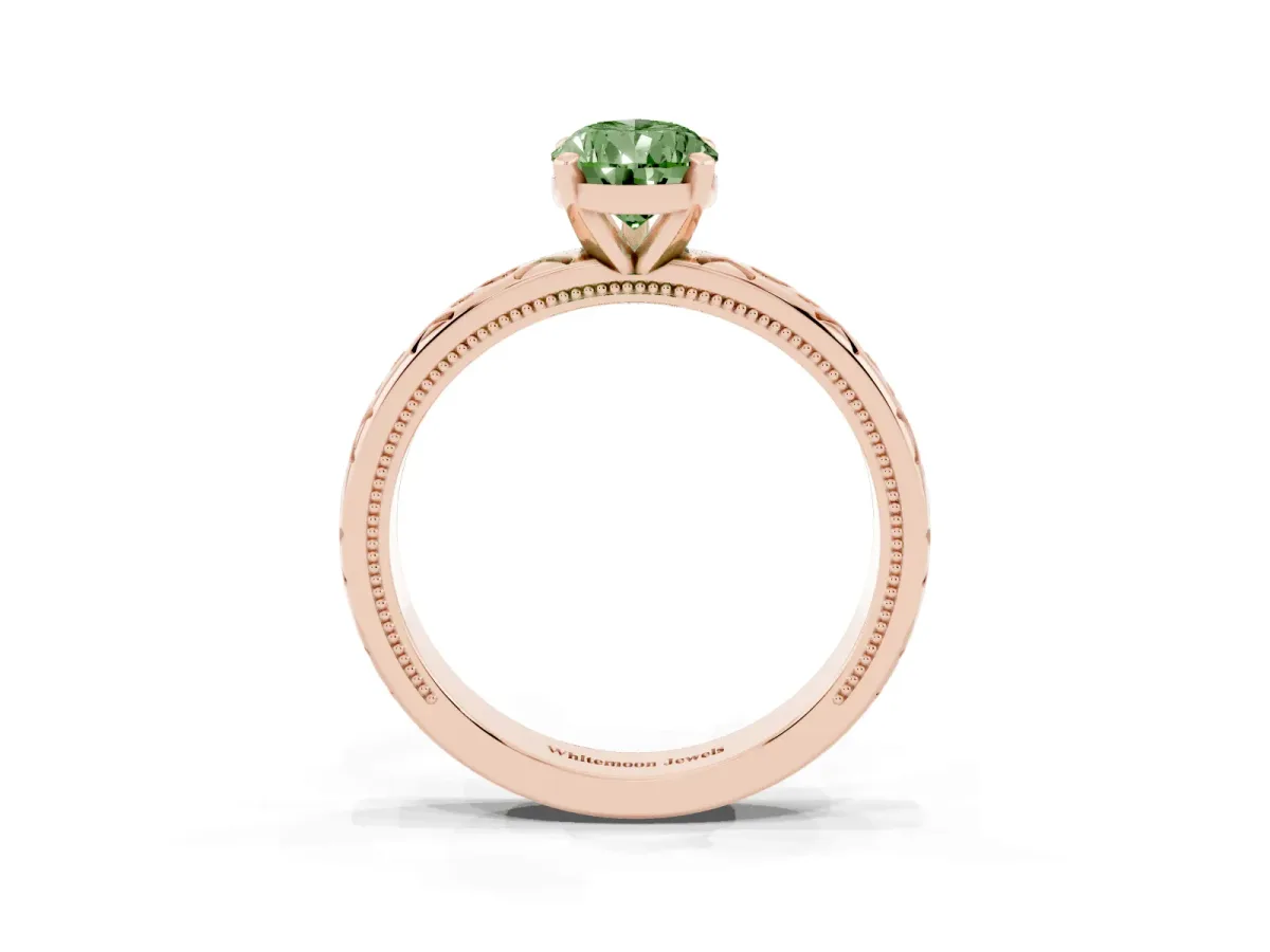 Fancy Green Pear Cut Solitaire Engagement Ring with Scrollwork Band and Four-Prong Setting Rose gold
