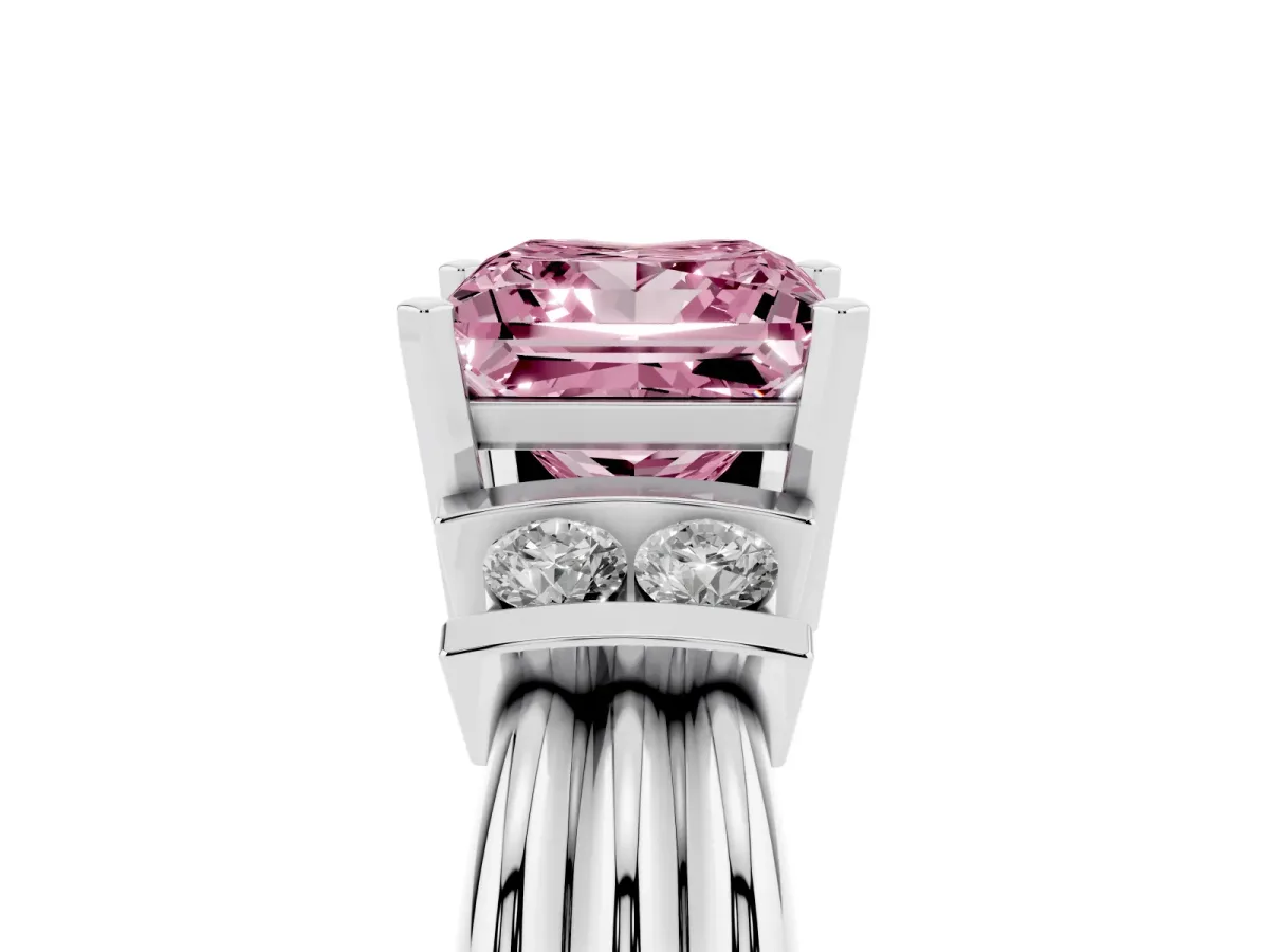 Fancy Pink Princess Cut Cut Three-Stone Channel Set Ring with Bar Prongs Silver