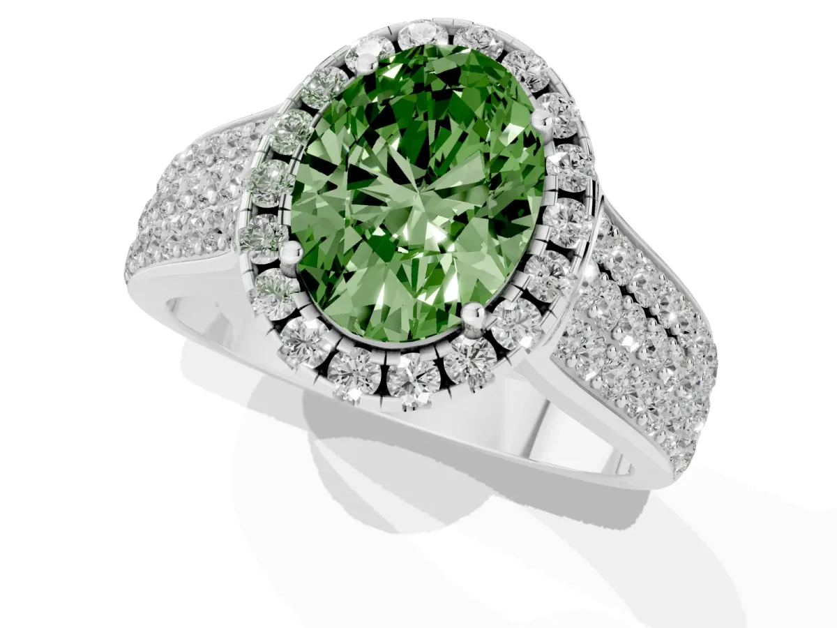 Fancy Green Oval Cut Halo Round Diamond Pave Band with Prong Setting Silver