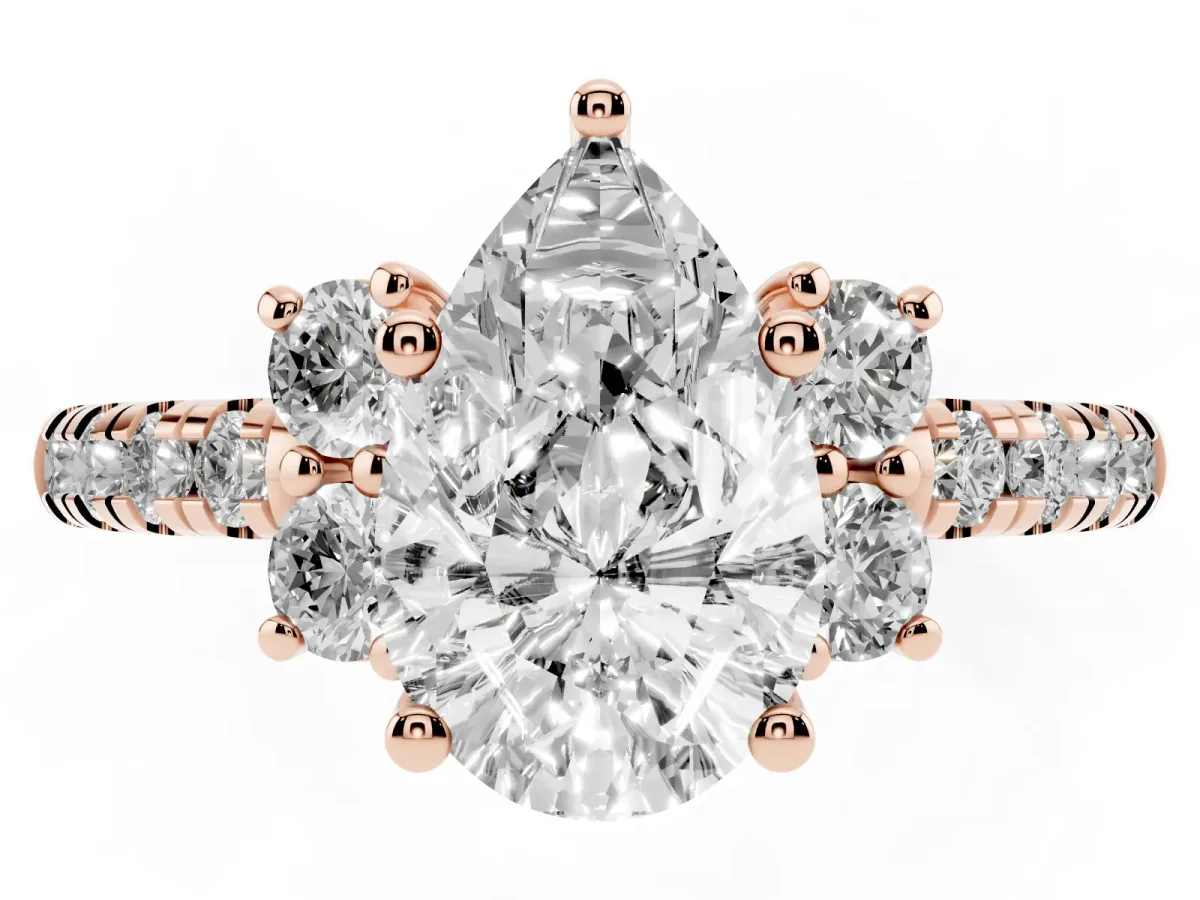 Pear Cut Diamond Three-Stone Pave Band with Four-Prong Setting Rose gold