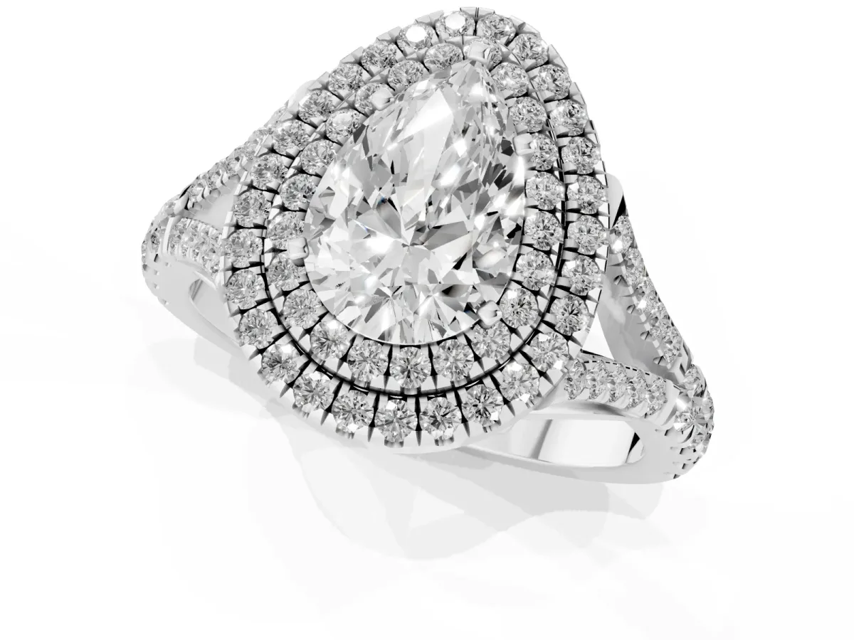 Pear Cut Diamond Pavé Split Shank Double Halo Engagement Ring Silver