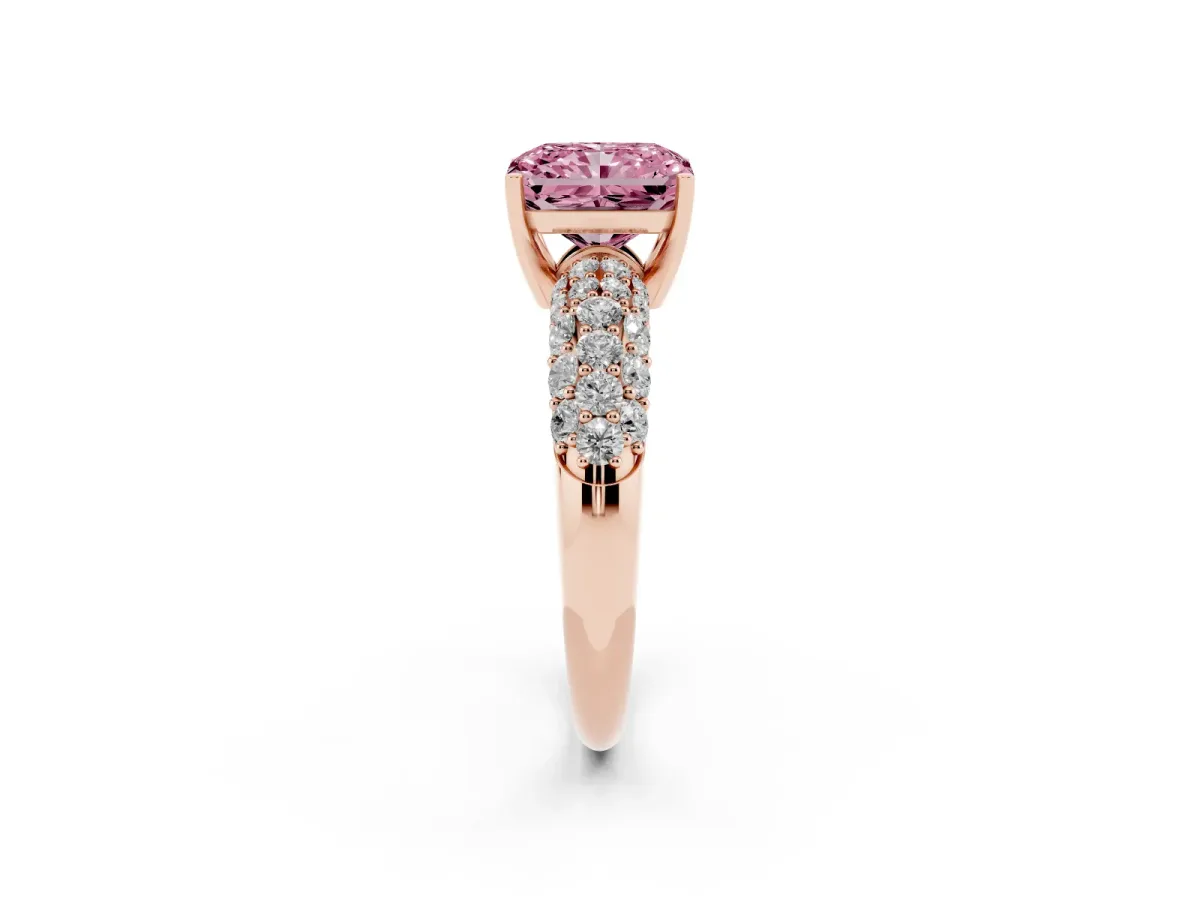 Fancy Pink Radiant Cut Diamond Pavé Band Solitaire Ring with Four-Prong Setting Rose gold
