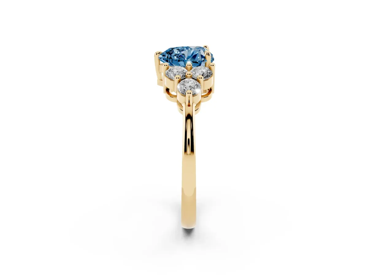 Fancy Blue Heart Cut Brilliant Diamond Cluster Accent Solitaire Ring with Prong Setting Yellow gold