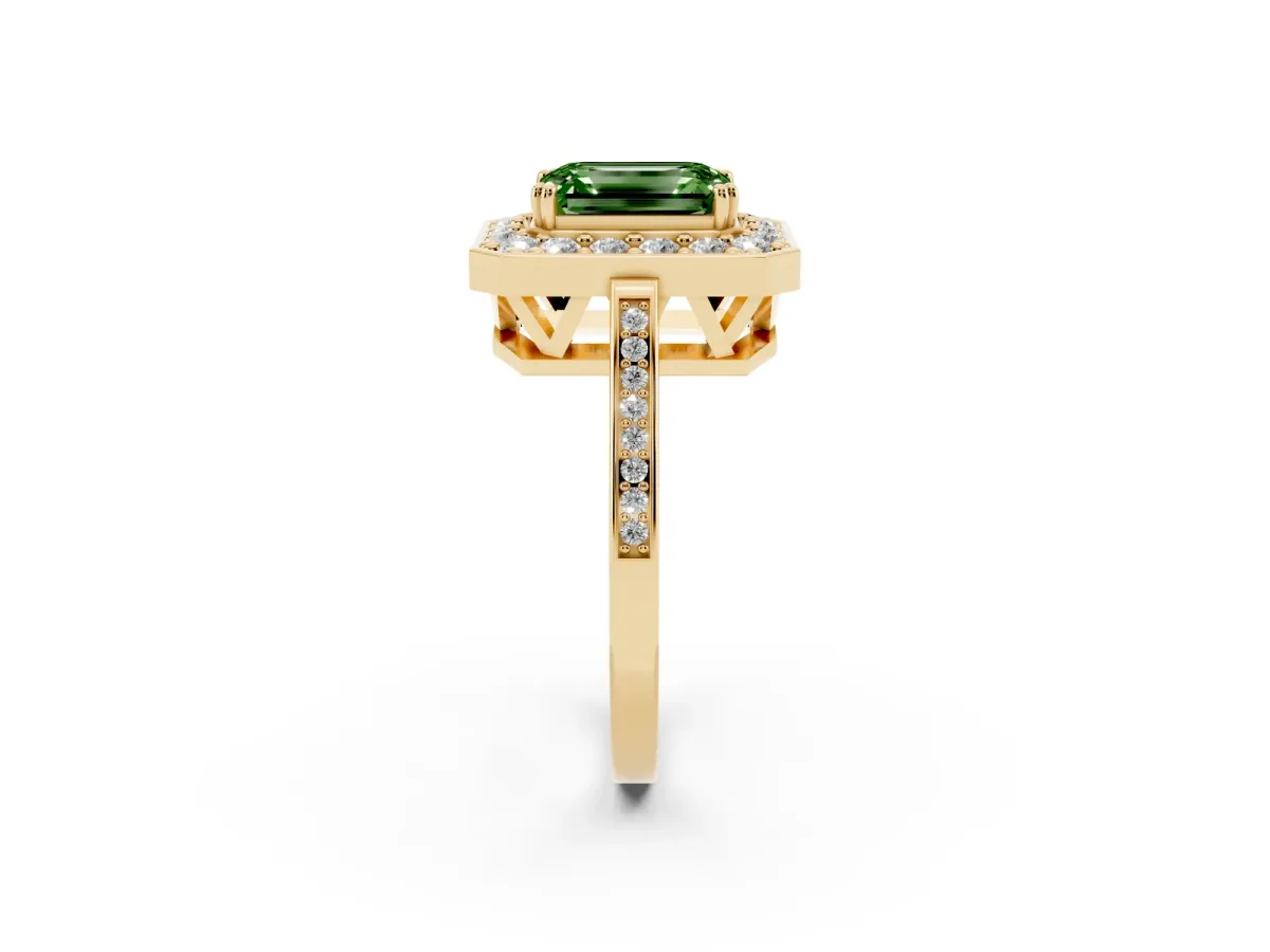 Fancy Green Emerald Cut Diamond Halo Ring with Split Shank and Four-Prong Setting Yellow gold