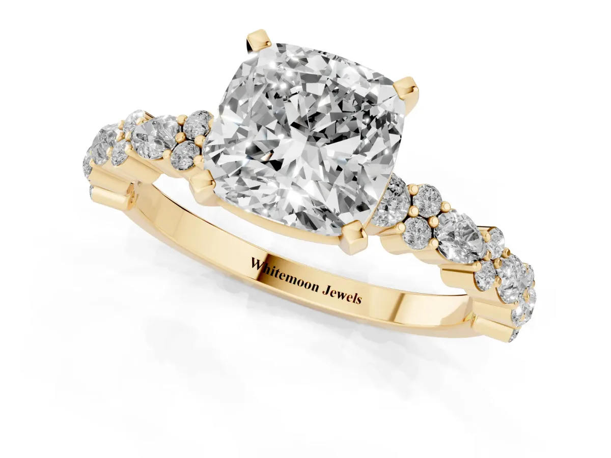 Cushion Cut Diamond Side Stone Solitaire Ring with Round and Four-Prong Setting Yellow gold