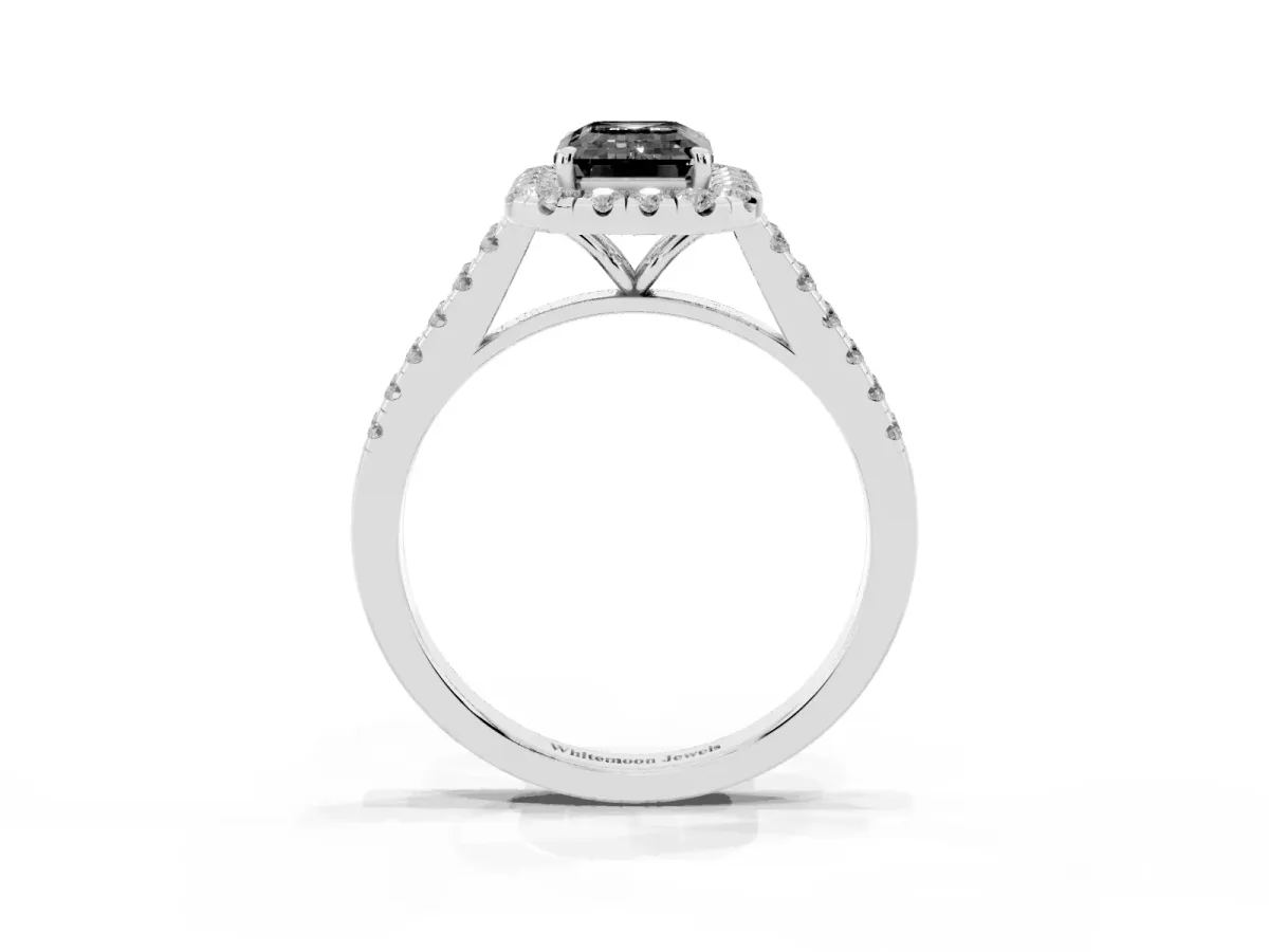 Fancy Black Emerald Cut Halo Pave Diamond Engagement Ring with Four-Prong Setting Silver