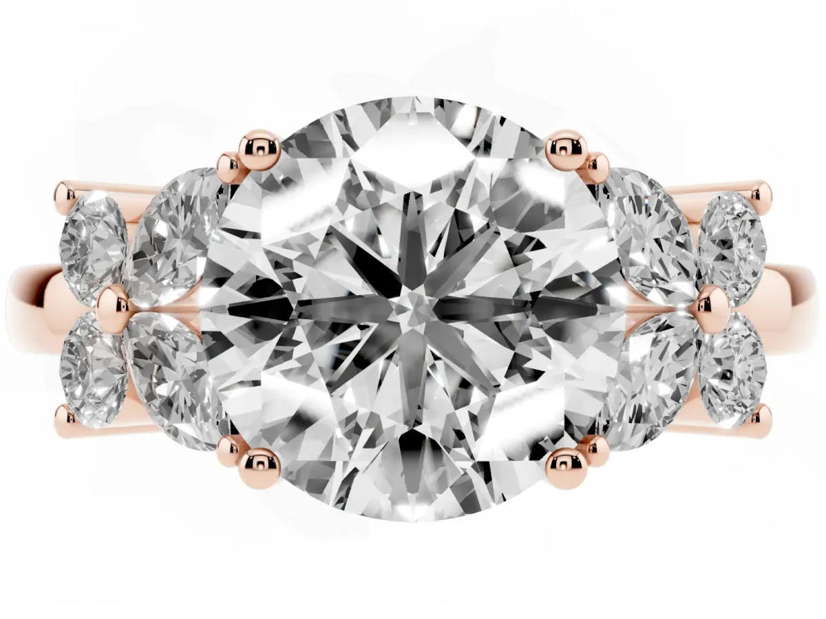 Round Cut Diamond Floral Cluster Ring with Solitaire Band and Prong Setting Rose gold